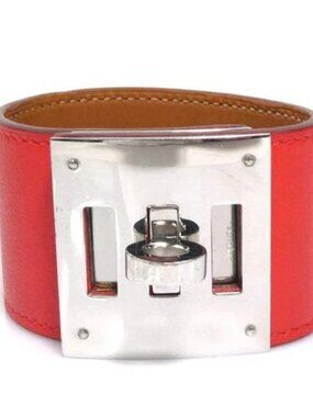 Auth HERMES Kelly Dog Bracelet Orange Red/Silver Leather/Metal - e61189a